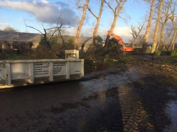 Witte afzetcontainer op een verhard terrein met op de achtergrond een kraan die bomen velt